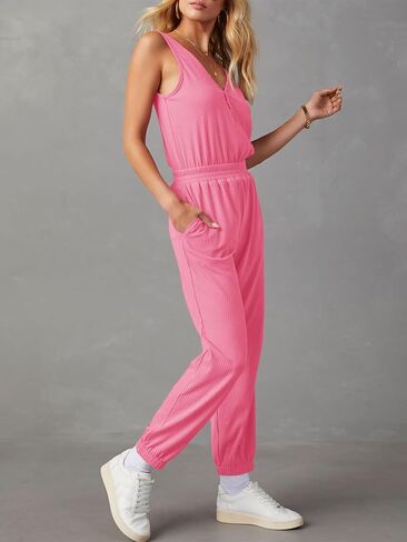 Tongmingyun Women's Casual Sleeveless Jumpsuits V Neck Button Jogger Pants Rompers in Saudi Arabia