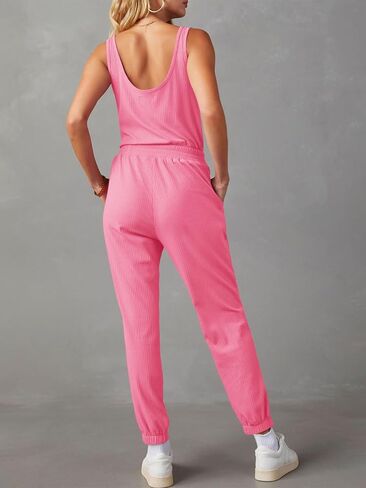 Tongmingyun Women's Casual Sleeveless Jumpsuits V Neck Button Jogger Pants Rompers in Saudi Arabia