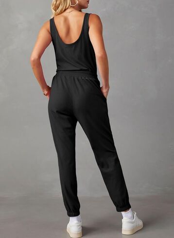 Tongmingyun Women's Casual Sleeveless Jumpsuits V Neck Button Jogger Pants Rompers in Saudi Arabia