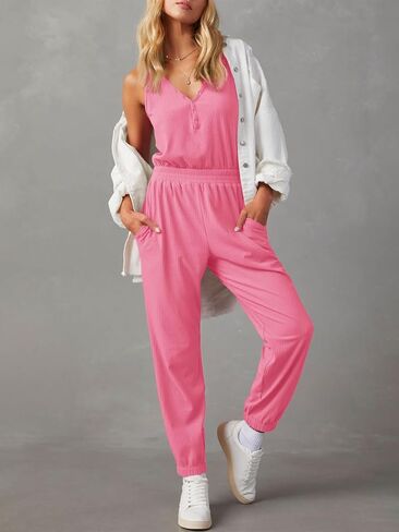 Tongmingyun Women's Casual Sleeveless Jumpsuits V Neck Button Jogger Pants Rompers in Saudi Arabia
