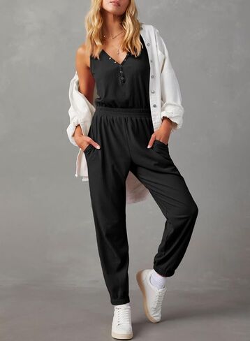 Tongmingyun Women's Casual Sleeveless Jumpsuits V Neck Button Jogger Pants Rompers in Saudi Arabia