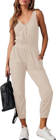 Tongmingyun Women's Casual Sleeveless Jumpsuits V Neck Button Jogger Pants Rompers in Saudi Arabia