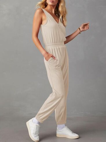 Tongmingyun Women's Casual Sleeveless Jumpsuits V Neck Button Jogger Pants Rompers in Saudi Arabia