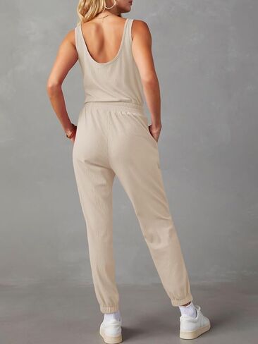 Tongmingyun Women's Casual Sleeveless Jumpsuits V Neck Button Jogger Pants Rompers in Saudi Arabia