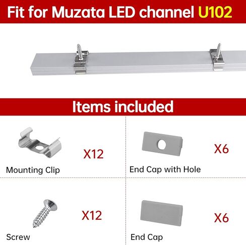 Muzata 6PACK LED قناة مشابك تثبيت من الفولاذ المقاوم للصدأ وأغطية نهاية رمادية مناسبة لقناة Muzata U102 و18 * 9 مم على شكل حرف U من الألومنيوم في السوق، LC18 WW in Kuwait