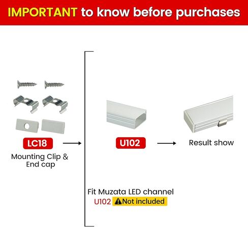 Muzata 6PACK LED قناة مشابك تثبيت من الفولاذ المقاوم للصدأ وأغطية نهاية رمادية مناسبة لقناة Muzata U102 و18 * 9 مم على شكل حرف U من الألومنيوم في السوق، LC18 WW in Kuwait