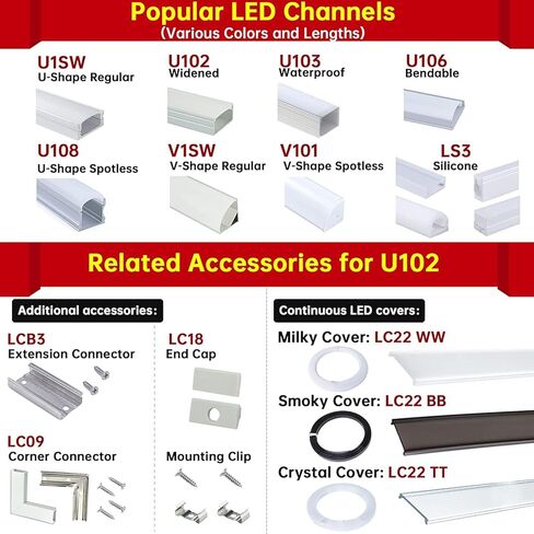 Muzata 6PACK LED قناة مشابك تثبيت من الفولاذ المقاوم للصدأ وأغطية نهاية رمادية مناسبة لقناة Muzata U102 و18 * 9 مم على شكل حرف U من الألومنيوم في السوق، LC18 WW in Kuwait