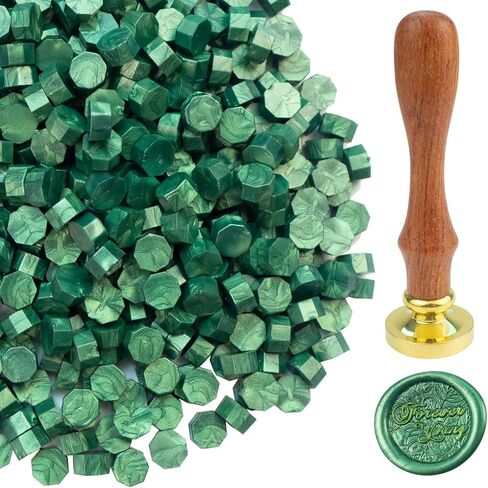 420 PCS Pine Green Sealing Wax Beads Kit Tomgenrine,with 1PCS "Forever Young" Sealing Wax Stamp with Removable Brass Head Wooden Handle for Making Letter Greeting Cards and Party Invitation in Saudi Arabia