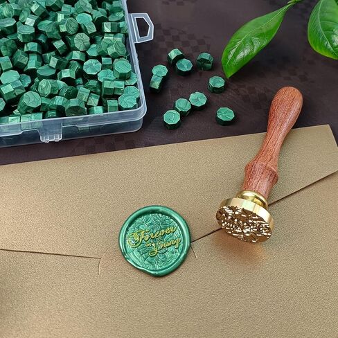 420 PCS Pine Green Sealing Wax Beads Kit Tomgenrine,with 1PCS "Forever Young" Sealing Wax Stamp with Removable Brass Head Wooden Handle for Making Letter Greeting Cards and Party Invitation in Saudi Arabia