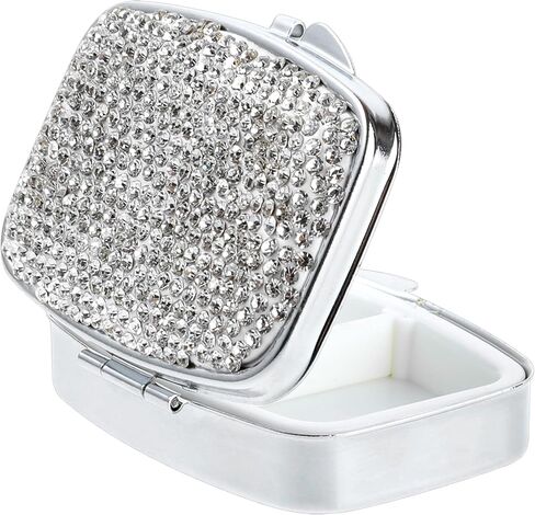 Pill Organizer 2 Compartment Cute Daily Medicine Container Portable Travel Pill Box Bling Crystal Diamond Small Pill Holder Case Pill Dispenser for Vitamins Cod Liver Oil Supplement(Silver) in Saudi Arabia