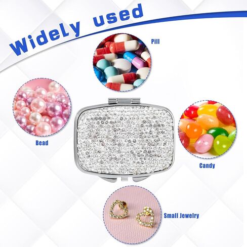 Pill Organizer 2 Compartment Cute Daily Medicine Container Portable Travel Pill Box Bling Crystal Diamond Small Pill Holder Case Pill Dispenser for Vitamins Cod Liver Oil Supplement(Silver) in Saudi Arabia