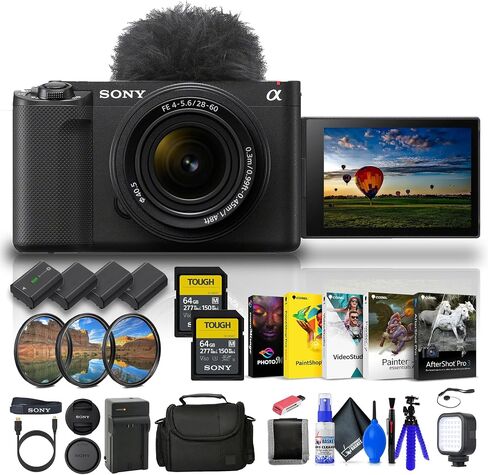 Sony Alpha ZV-E1 Full-Frame Vlog Mirrorless Lens Camera with 28-60mm Lens - Black (ILCZVE1L/B) + 2 x 64GB Card + Filter Kit + Bag + 3 x NP-FZ100 Compatible Battery + External Charger + More (Renewed) in Saudi Arabia