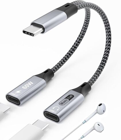 Dual USB C Headphone and Charger Adapter, 2 in 1 Type C Audio and Fast Charging Dongle USB C Splitter Cable for iPhone 15, Samsung Galaxy, Google Pixel, Android Series, iPad, Laptop in Kuwait