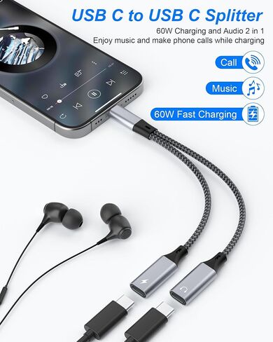 Dual USB C Headphone and Charger Adapter, 2 in 1 Type C Audio and Fast Charging Dongle USB C Splitter Cable for iPhone 15, Samsung Galaxy, Google Pixel, Android Series, iPad, Laptop in Kuwait