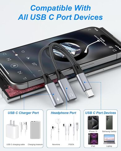 Dual USB C Headphone and Charger Adapter, 2 in 1 Type C Audio and Fast Charging Dongle USB C Splitter Cable for iPhone 15, Samsung Galaxy, Google Pixel, Android Series, iPad, Laptop in Kuwait