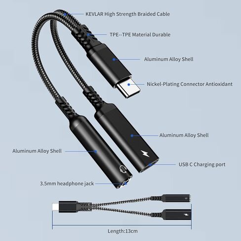 محول سماعة رأس وشاحن USB C إلى 3.5 ملم، كابل دونجل 2 في 1 USB من النوع C إلى AUX Mic Jack متوافق مع Galaxy S23 Ultra S22 S21 S20 S20+ Note 20، لجهاز IPad Pro (رمادي) in Kuwait