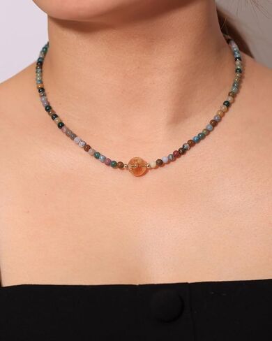 Indian Agate/Citrine Beaded Choker Necklace Crystals and Stones Necklaces for Women Wealth Balance Meditation November Birthstone Jewelry (16-18inches) in Saudi Arabia