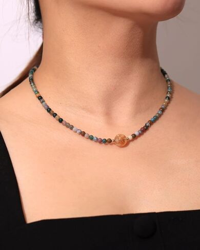 Indian Agate/Citrine Beaded Choker Necklace Crystals and Stones Necklaces for Women Wealth Balance Meditation November Birthstone Jewelry (16-18inches) in Saudi Arabia