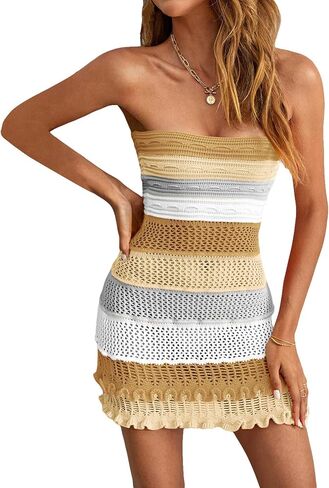 MakeMeChic Women's Color Block Strapless Knitted Mini Bodycon Sweater Tube Dress in Saudi Arabia