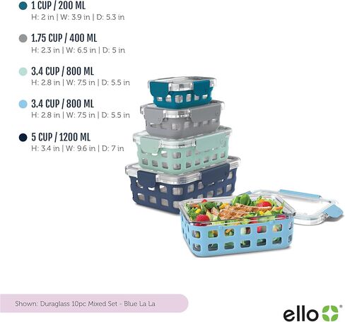 Ello Duraglass Mixed Meal Prep Sets Leak-Proof Glass Food Storage Containers with Silicone Sleeves and Airtight BPA-Free Lids, Dishwasher, Microwave, and Freezer Safe in Saudi Arabia