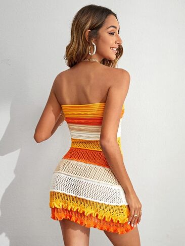 MakeMeChic Women's Color Block Strapless Knitted Mini Bodycon Sweater Tube Dress in Saudi Arabia