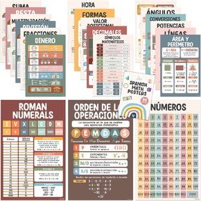 Decorably 19 Boho Spanish Math Posters, 11x17in Matte-Laminated Educational Spanish Posters for Classroom