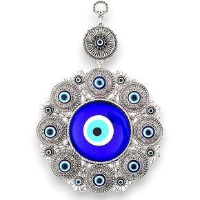 Blue Turkish Glass Evil Eye Wall Hanging Ornament - Large Metal Home Decor - Nazar Bead Amulet - Housewarming Gift