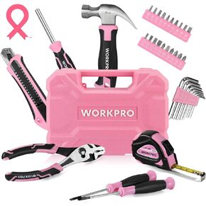 WORKPRO 35-Piece Pink Tools Set, Household Tool Kit with Storage Toolbox, Basic Tool Set for Home, Garage, Apartment, Dorm, New House, Back to School, and as a Gift - Pink Ribbon