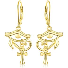 KINGWHYTE Eye of Horus Earrings 925 Sterling Sliver Ankh Leverback Cross Earrings Religion Vintage Jewelry Christians Egyptian Gifts for Women Men(Gold)