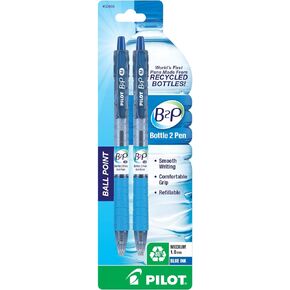 PILOT B2P - Bottle to Pen Refillable & Retractable Ball Point Pen Made From Recycled Bottles, Medium Point, Blue Ink, 2-Pack (32806)