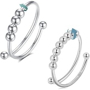 Vito 925 Sterling Silver Anxiety Fidget Ring for Women, Adjustable Spinner Open Fidget Rings Anti Anxiety Anillos with Rotatable Beads, Unique Jewelry Gift for Mom Wife Daughters