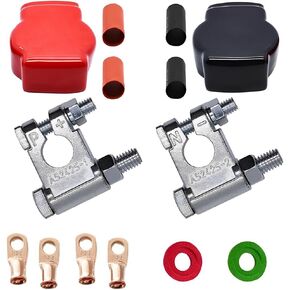 2 Pcs Battery Terminal Connectors, Military Positive Negative Quick Release Terminals with Cover, Copper Lugs, Heat Shrink Tube, Anti Corrosion Washer, Compatible With Cars Trucks Boats RVs
