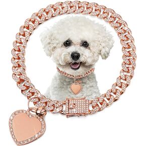 Hillban Dog Chain Rose Gold-Plated Diamond Collar with Heart Rhinestones Jewelry Accessories Pet ID Tag Chain Heart Bling Collar with Personalized Name Tag for Small Medium Large Dogs Cats(8 Inch)