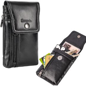Hengwin Genuine Leather Cell Phone Holster for Belt, Belt Pouch Fits for iPhone 15 Pro 14 Pro 13 Pro 12 Pro SE Samsung Galaxy S23 S22 S21 S10 S9 S8 A01 Belt Holder Phone Case with Belt Clip (Black)