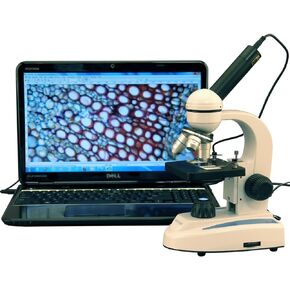 AmScope M149C-E2 Digital Compound Monocular Microscope, WF10x and WF25x Eyepieces, 40x-1000x Magnification, LED Illumination, Brightfield, Single-Lens Condenser, Plain Stage, 110V or Battery-Powered, Heavy-Duty Metal Frame, Includes 2MP Camera and Softwar