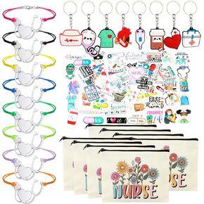 Nurse Appreciation Gift Set, 8 Nurse Survival Kit Canvas Bag, 8 Nurse Blessing Card Bracelet, 100Pcs Nurse Stickers, 8 Nurse Keychain Appreciation Favor for Nurses Week Nursing Graduation Practitioner