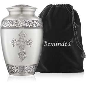 Reminded Adult Cremation Memorial Urn for Human Ashes, Gold Etched Cross Brass Funeral Urn with Velvet Bag