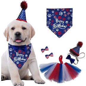 4th of July Pet Costume Independence Day Dog Costume Accessories, Red Blue and White Tutu Skirt Dog Birthday Paw Print Bandana Hat Bowtie American Flag Hairpin for Dog Cat Pet Patriotic Party