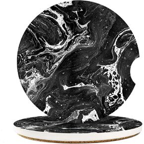 Britimes Absorbent Car Coasters 2 Pack for Cup Holders, 2.56" Ceramic Stone & Non-Scratch Cork Base Drink Coasters Black Marble