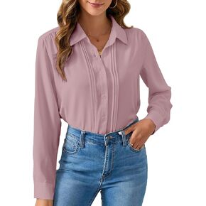 YAMANMAN Womens Button Down Shirts Long Sleeve Casual Chiffon Blouses Loose Pleated Collared Work Office Tops