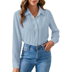 YAMANMAN Womens Button Down Shirts Long Sleeve Casual Chiffon Blouses Loose Pleated Collared Work Office Tops in Saudi Arabia