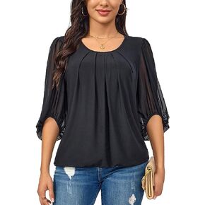 Women's Floral Blouses 3/4 Lantern Sleeve Tunic Tops Double Layers Blouse Dressy Casual Crew Neck Tunic Shirts