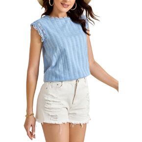 Floerns Women's Mock Neck Guipure Lace Trim Blouse Tops