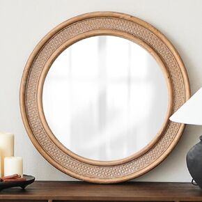 Micasso Rattan Wall Mirror, 36 x 24 Inches Wood Shabby Chic Rustic Wooden Boho Style Wall Mirror for Bathroom, Bedroom, and Living Room
