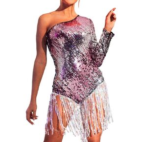 BODIY Sparkly Sequin Dress Fringe Dance Mini Dresses Club Long Sleeve Dress for Women Silver