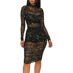 Lrady Women's Sexy Mesh Dress Short Sleeve Bodycon Party Club Night Dress 3 Piece Set Outfits with Cami Shorts