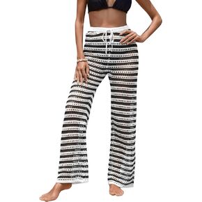 Verdusa Women's Hollow Out Crochet Knit Striped High Waist Swimwear Cover Up Pants
