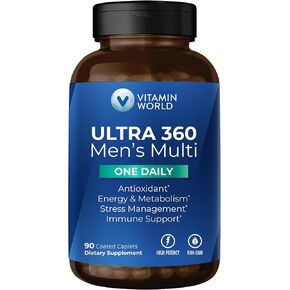 Vitamin World Ultra 360 Multivitamin for Men One Daily, Men's Multivitamin with Minerals, Herbs & Antioxidants, Daily Supplement with Vitamin A, C, D, E & Zinc for Energy & Immune Support, 90 Caplets