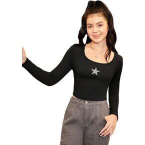 Floerns Girls Graphic Print Scoop Neck Long Sleeve Slim Fit Crop Tee Top