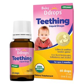 Baby Ddrops Organic Teething Relief Liquid, Calms and Soothes Baby's Tender Gums Naturally, Easy-to-Use Drop Format, 3 Months +, 60 Drops